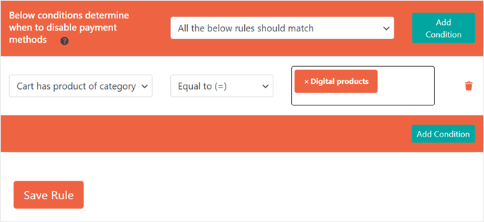 Creating a rule to disable bank transfers when the cart has a product in the digital goods category