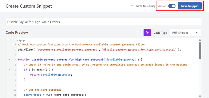 Disabling PayPal for high-value orders with WPCode