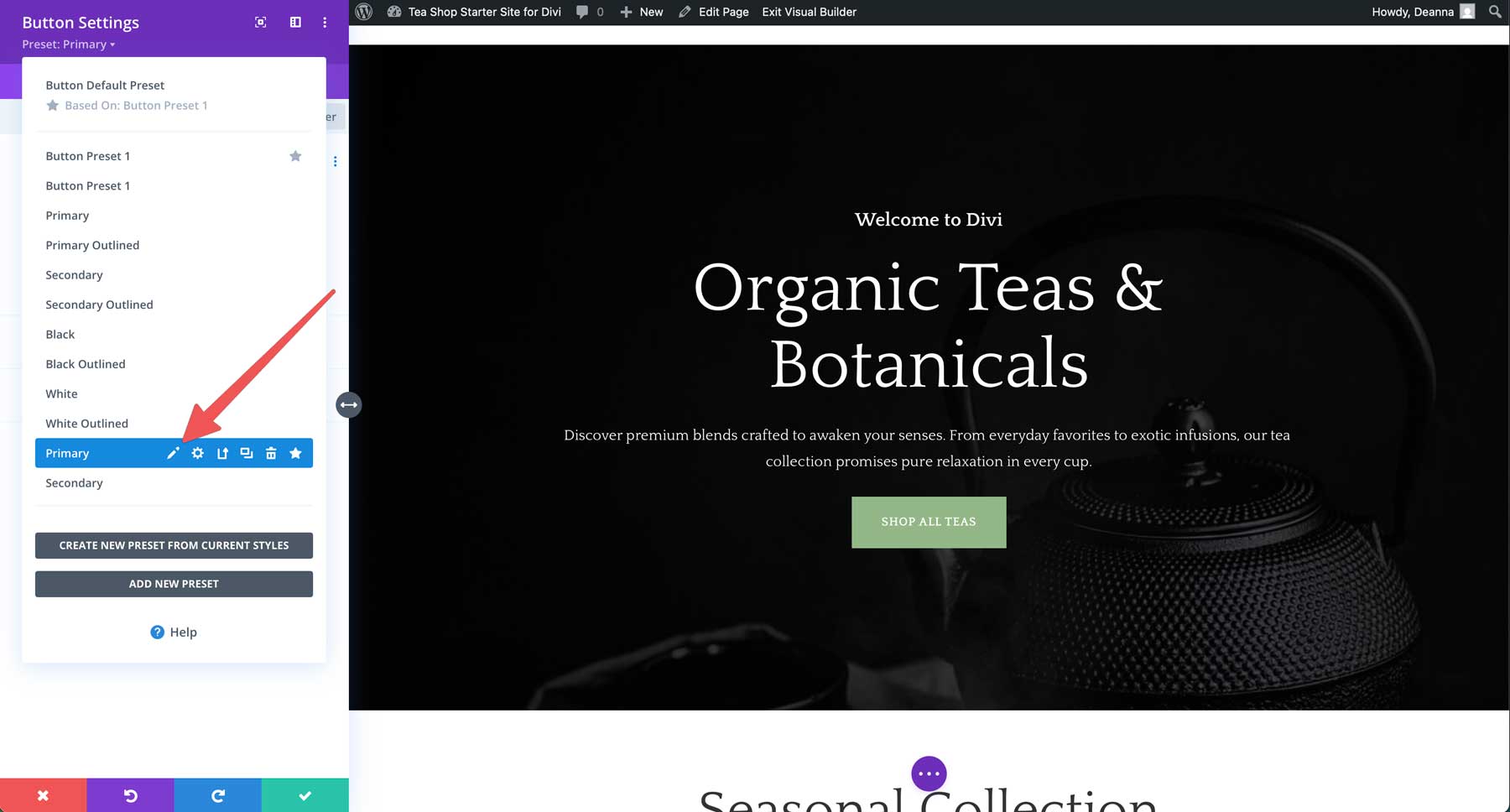 tea shop starter site for divi