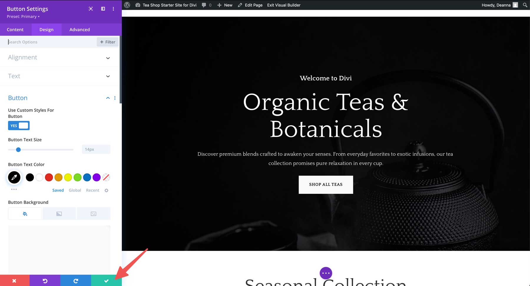 tea shop starter site for divi