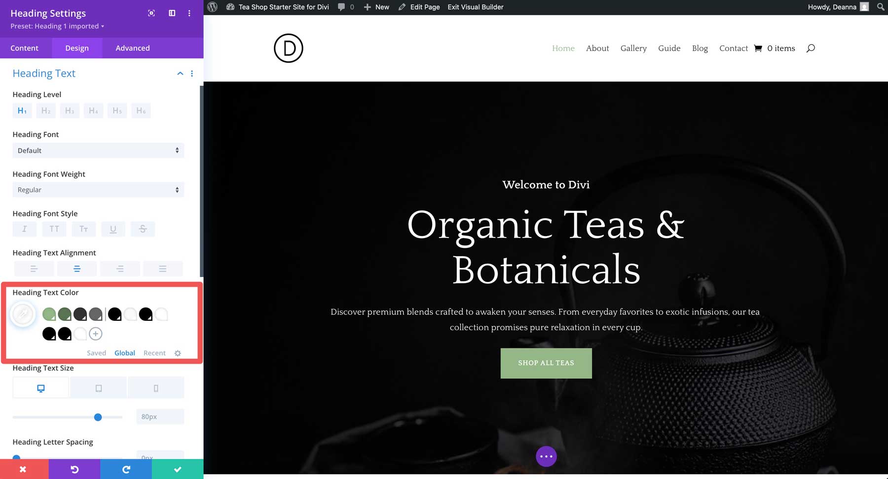 tea shop starter site for divi