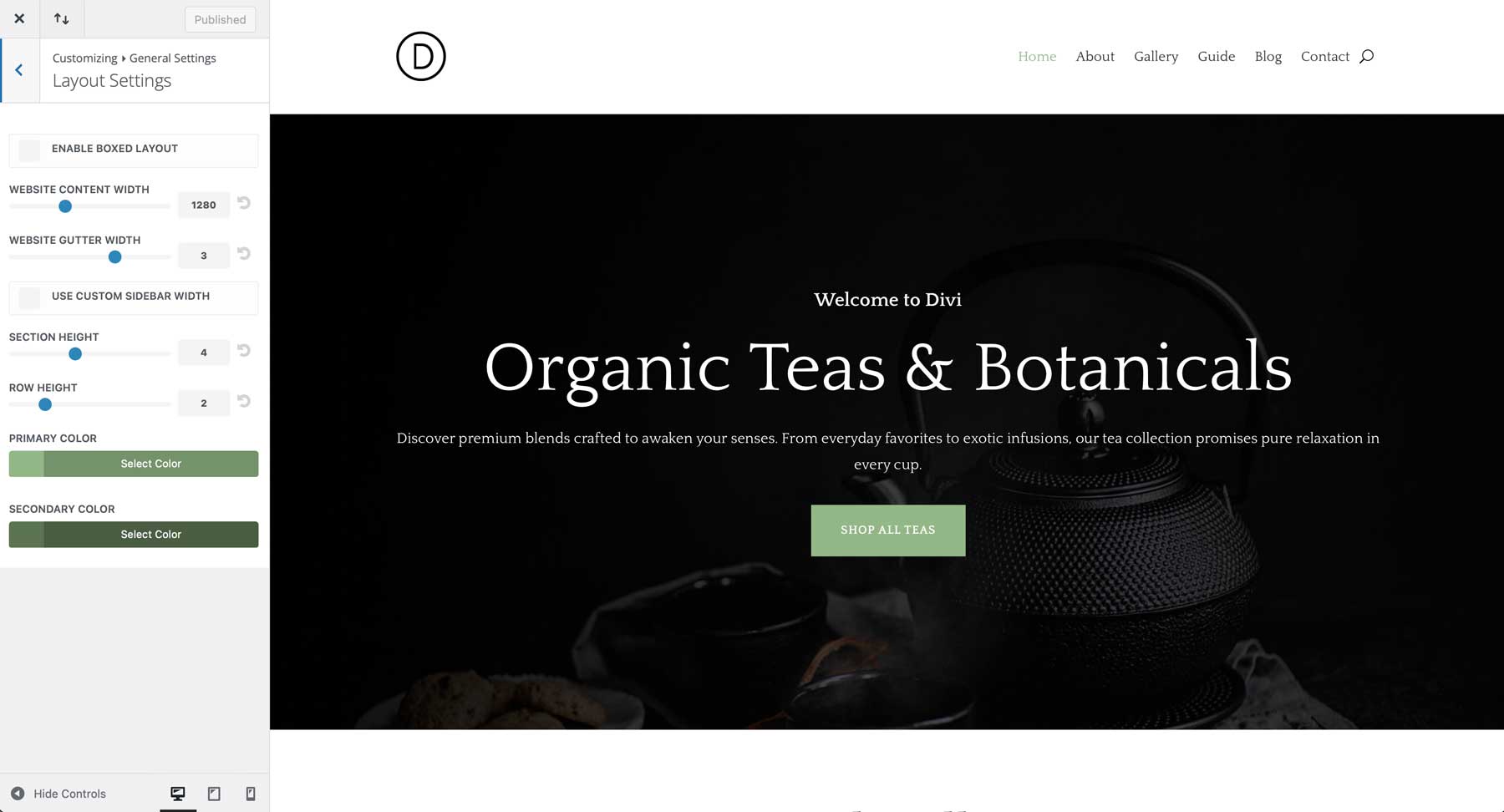 tea shop starter site for divi