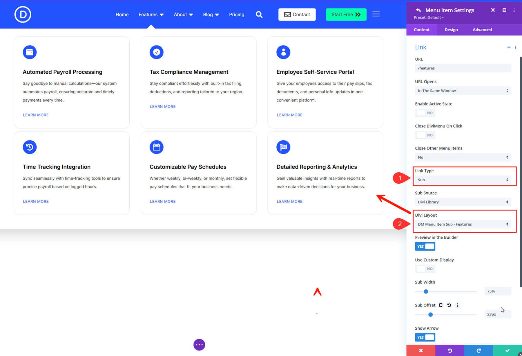 Menu Item Settings Using Sub Link Type