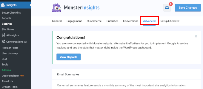 The Advanced tab in MonsterInsights