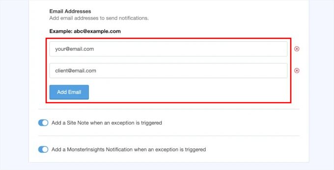 Adding email addresses for receiving alerts