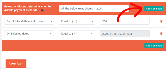 Adding a new condition to disable payment methods in WooCommerce