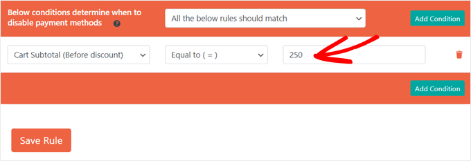 Choosing an amount for the cart subtotal rule to disable payment methods in WooCommerce