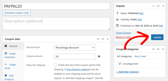Saving changes to the Advanced Coupons coupon