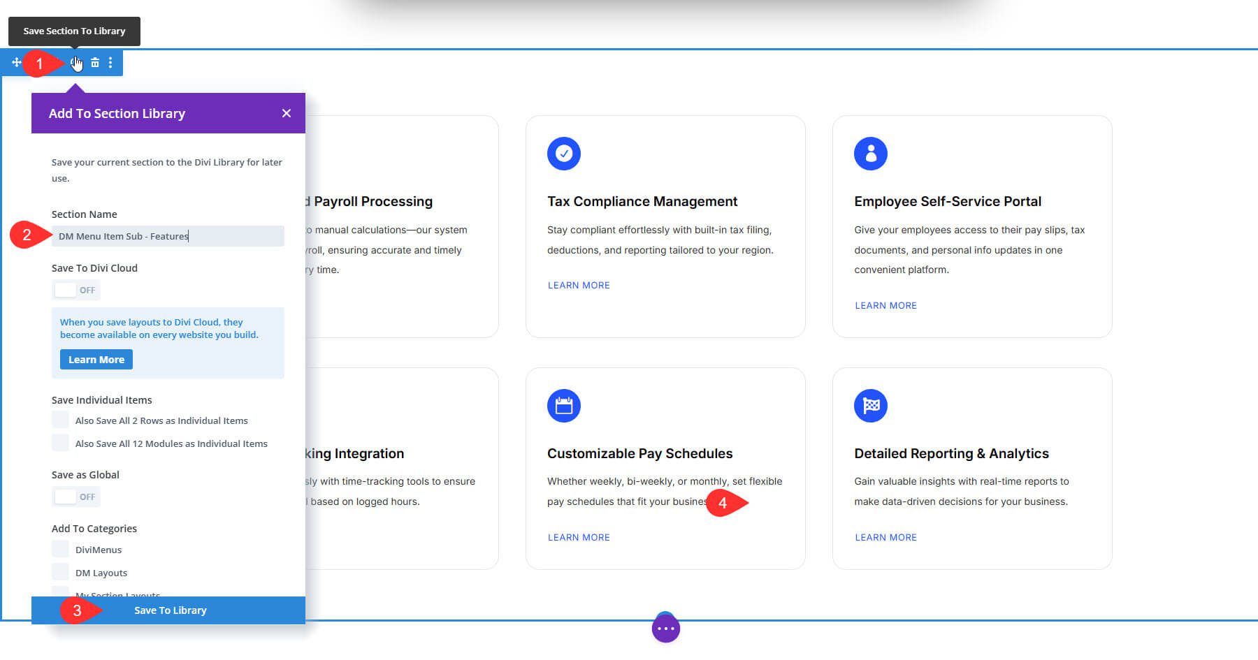Saving Features Section to Divi Library