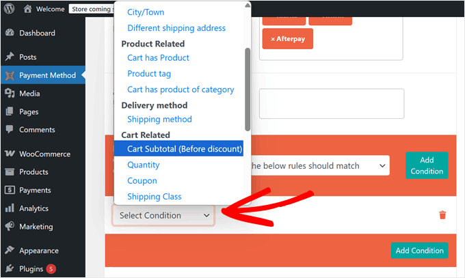 Choosing a condition for disabling the payment method