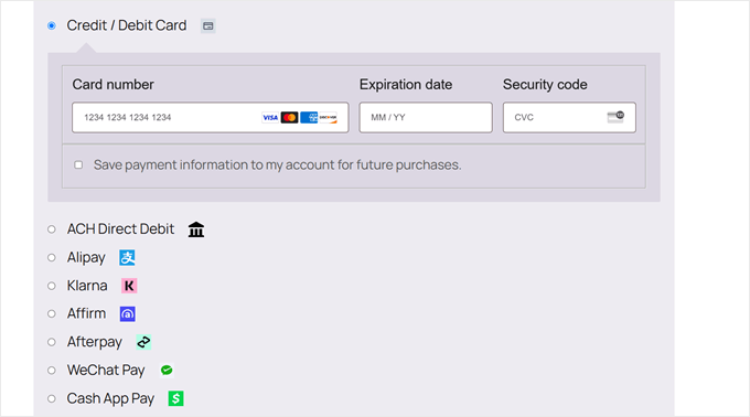 WooCommerce's Stripe payment options