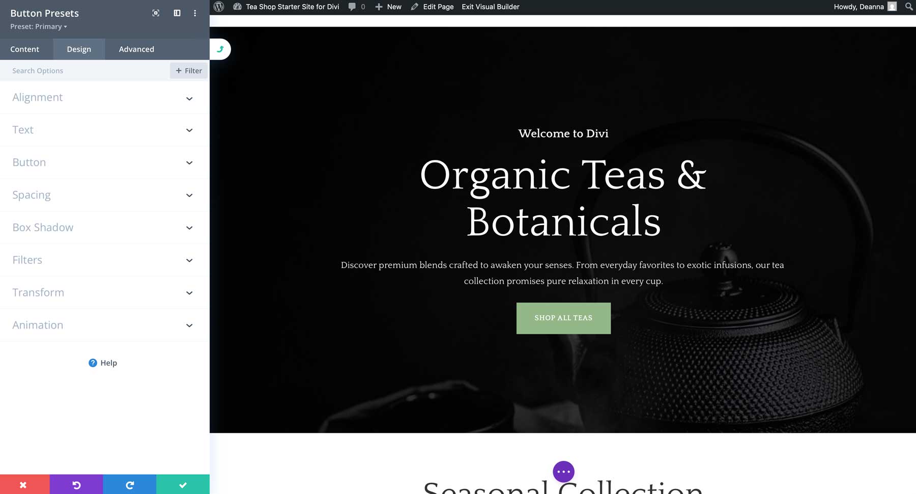 tea shop starter site for divi