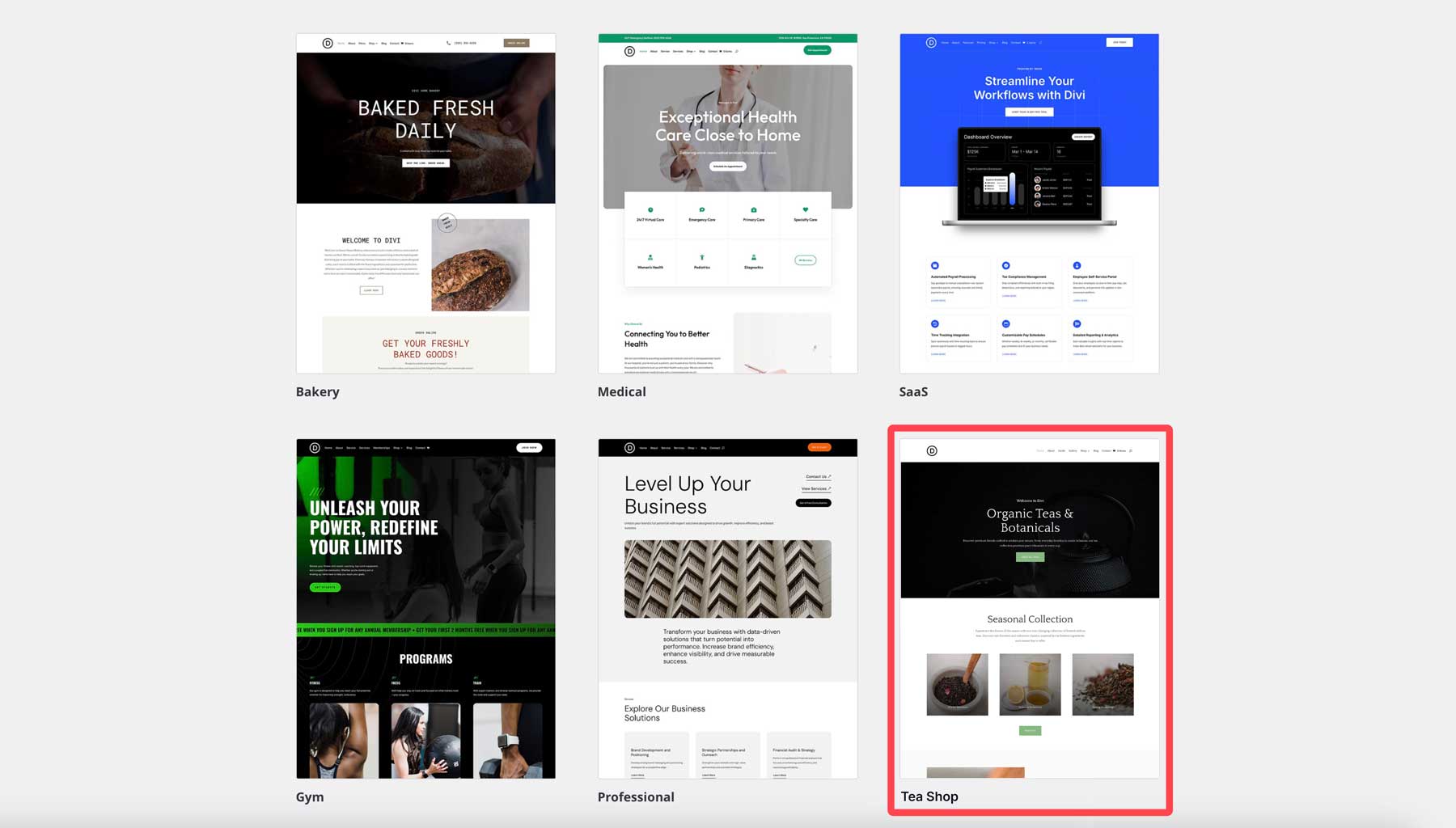 tea shop starter site for divi