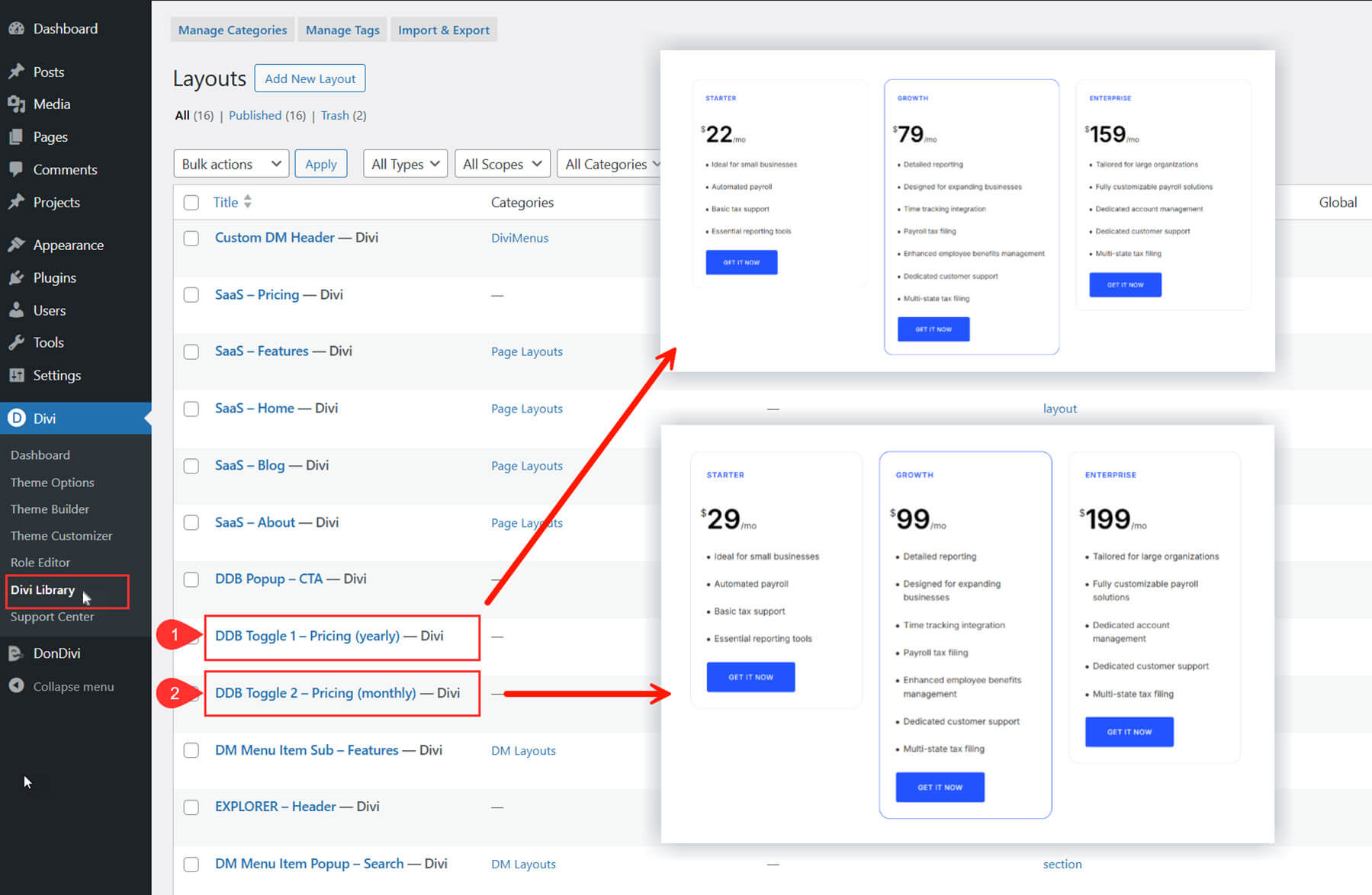 Monthly and Yearly Pricing Layouts in Divi Library