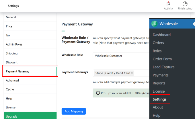Editing the Wholesale Suite's Payment Gateway settings