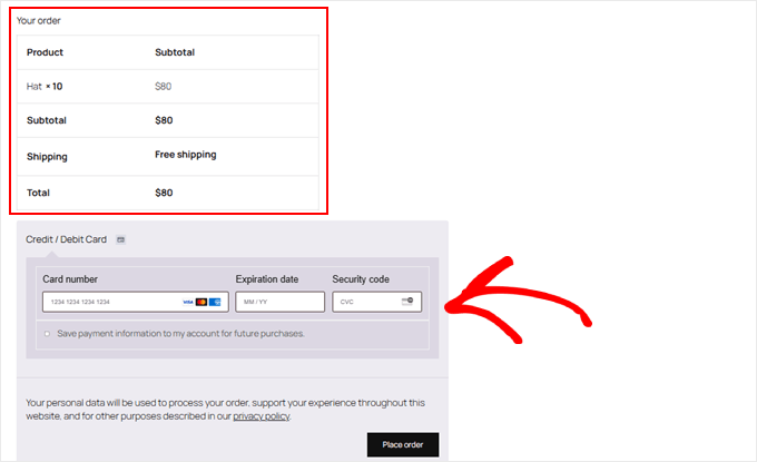 What the checkout page looks like as a wholesale customer when only debit and credit cards are enabled