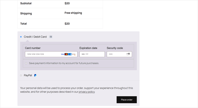 What the WooCommerce checkout page looks like after some payment options are disabled