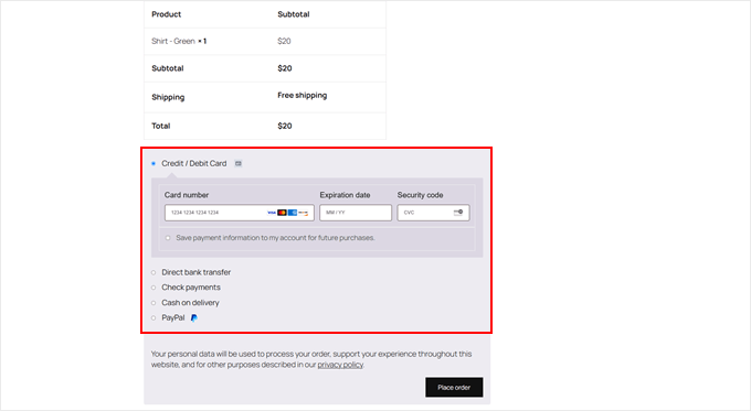 Active payment methods in WooCommerce checkout