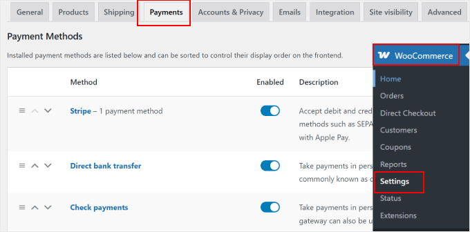 Configuring the WooCommerce payments settings