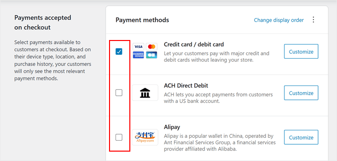 Unchecking Stripe payment options in WooCommerce