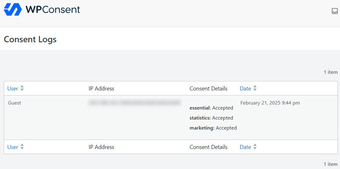wpconsent consent logs