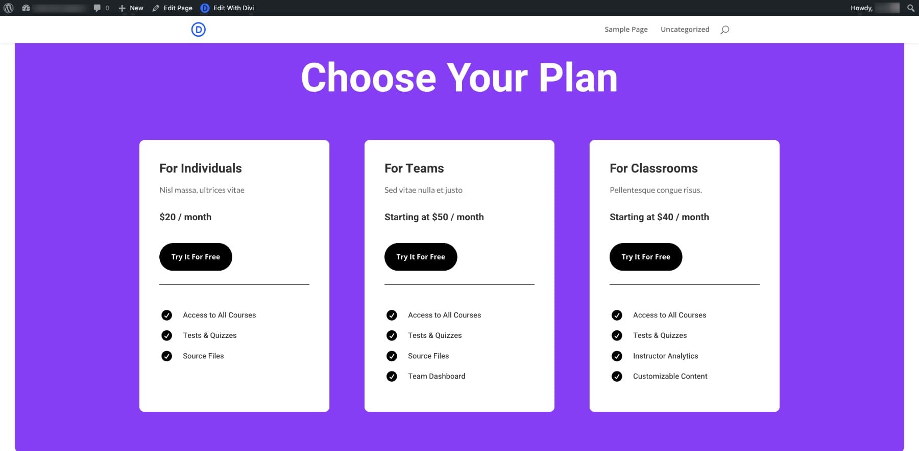 pricing page example for option group presets