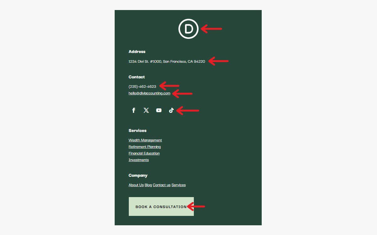 Website Footer Example - All of these can be Divi Design Variables