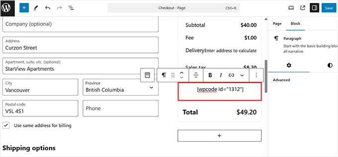 Add shortcode within the checkout block