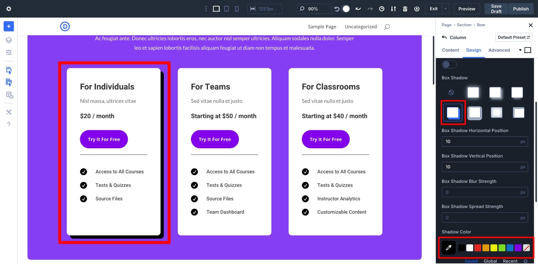adding box shadow to a column