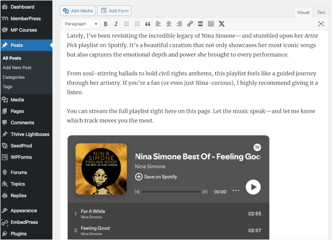 Embedding Spotify in the Classic Editor