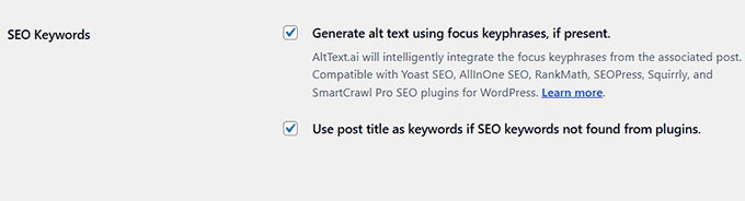 Configure SEO keywords settings