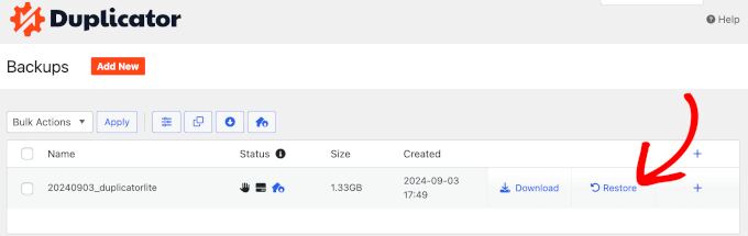 duplicator restore backup