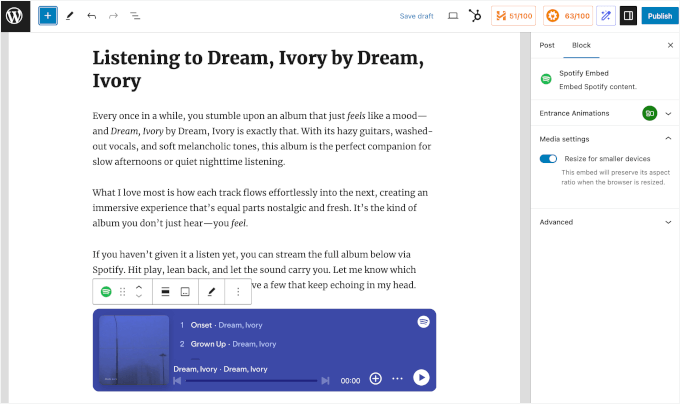 The Spotify Embed block