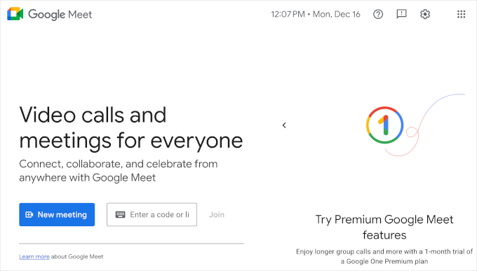 Google Meet's homepage