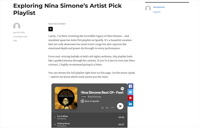 EmbedPress' Spotify player on a live site
