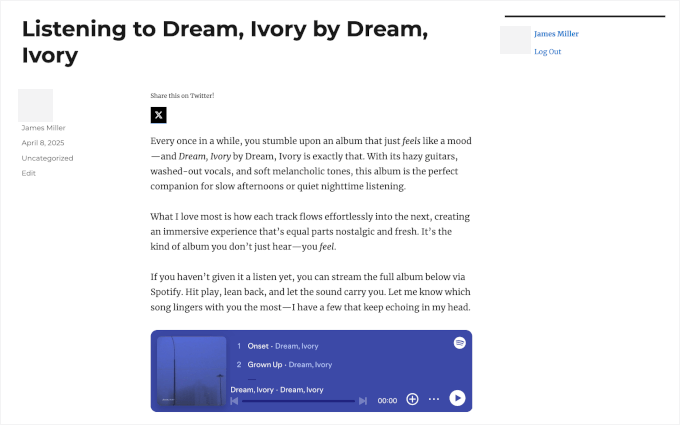 Spotify Embed's Spotify player on a live site