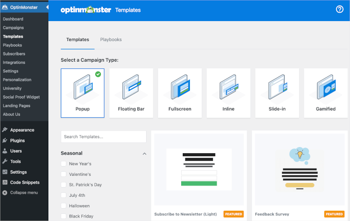 OptinMonster's templates for pop-up campaigns