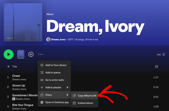 The Copy album link button