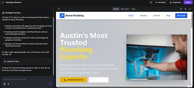 Previewing website in Hostinger Horizons - AI website builder. 