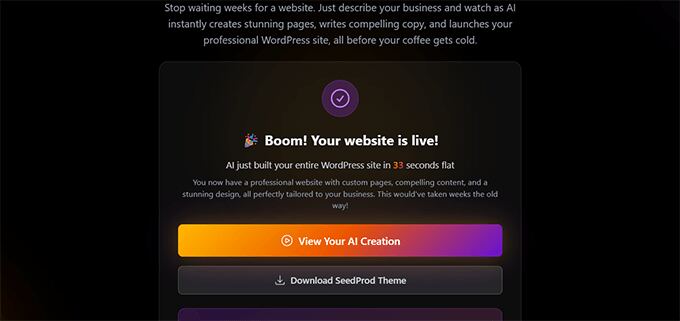 SeedProd vibe coded a website in 33 seconds. 