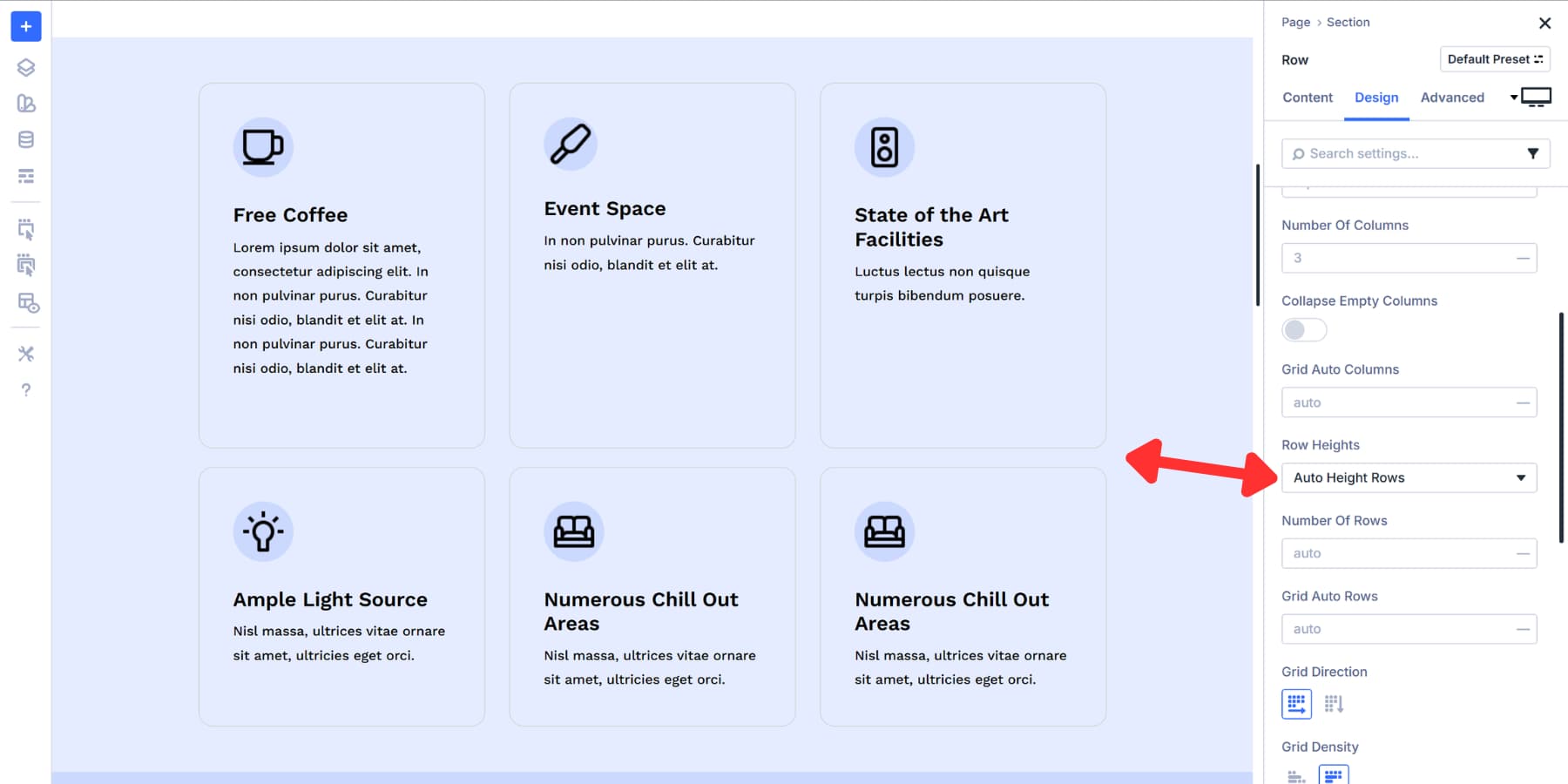A screenshot of how auto height rows work in Divi 5