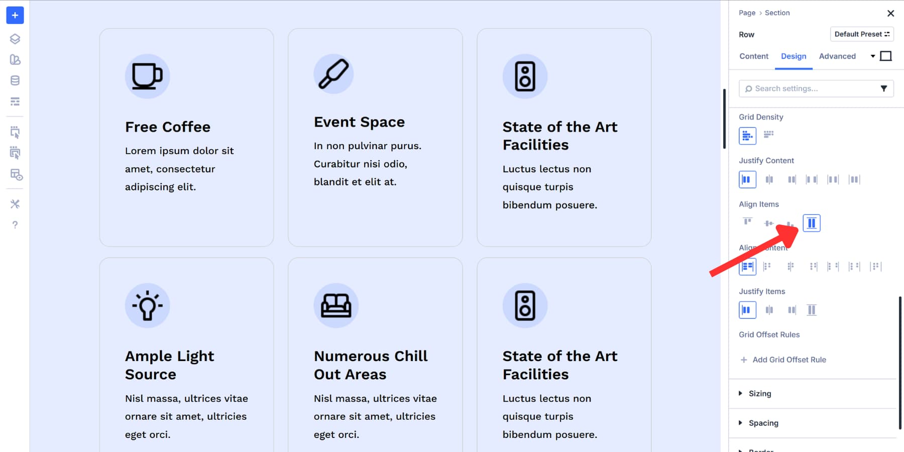 A screenshot of how the stretch grid align items work in Divi 5
