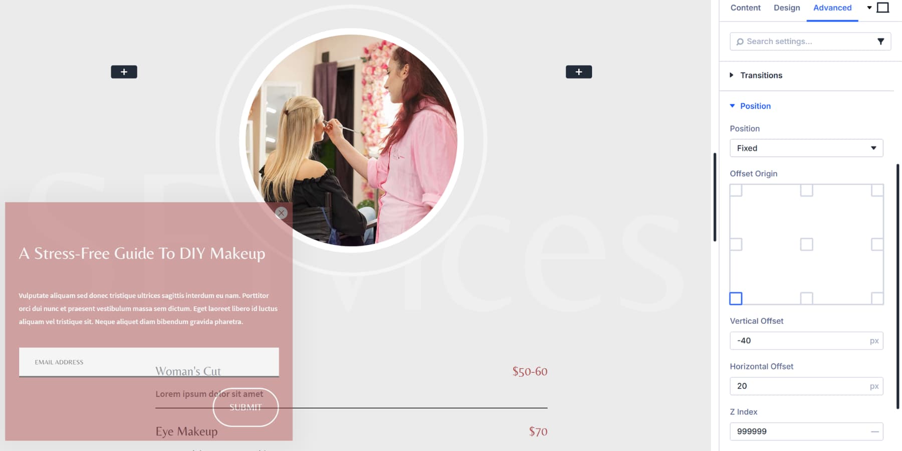 A screenshot of the position settings of the popup