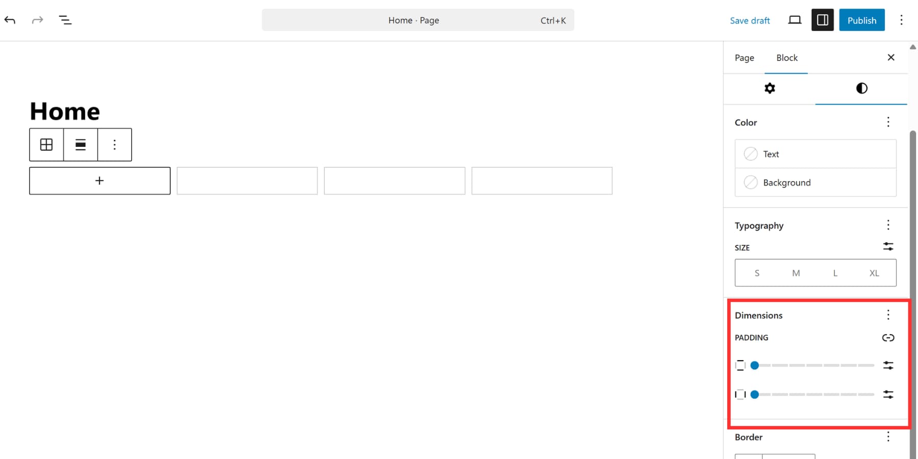 A screenshot of random settings scattered in tabs in WordPress' Gutenberg grid block