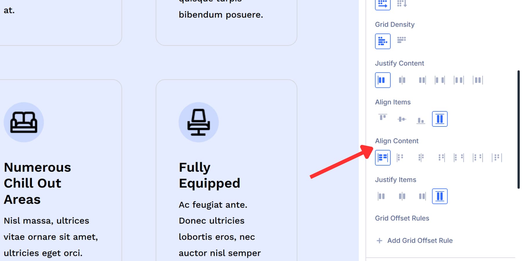 A screenshot of the align content option in Divi 5's grid options