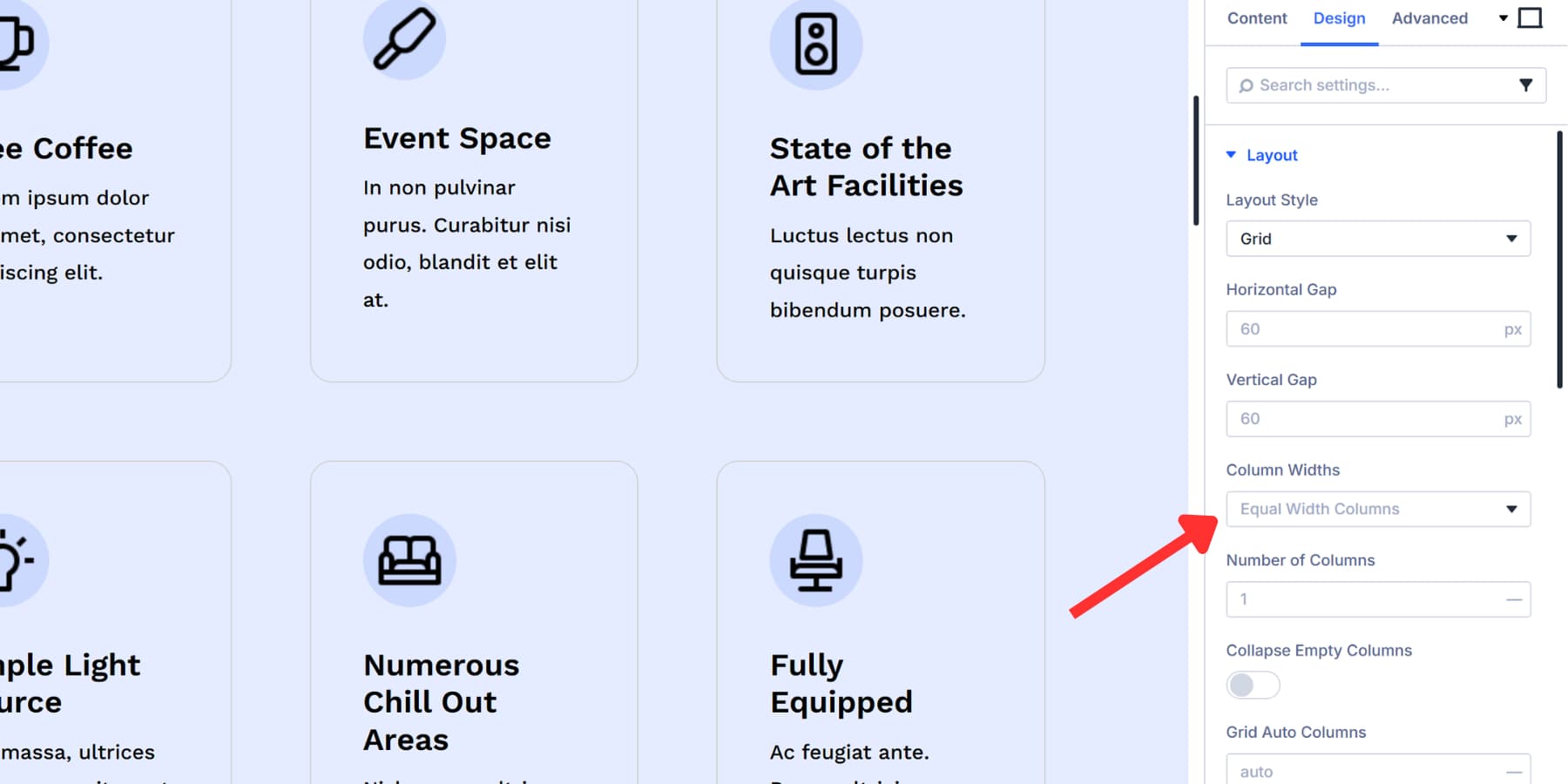 A screenshot of the column widths option in Divi 5's grid options