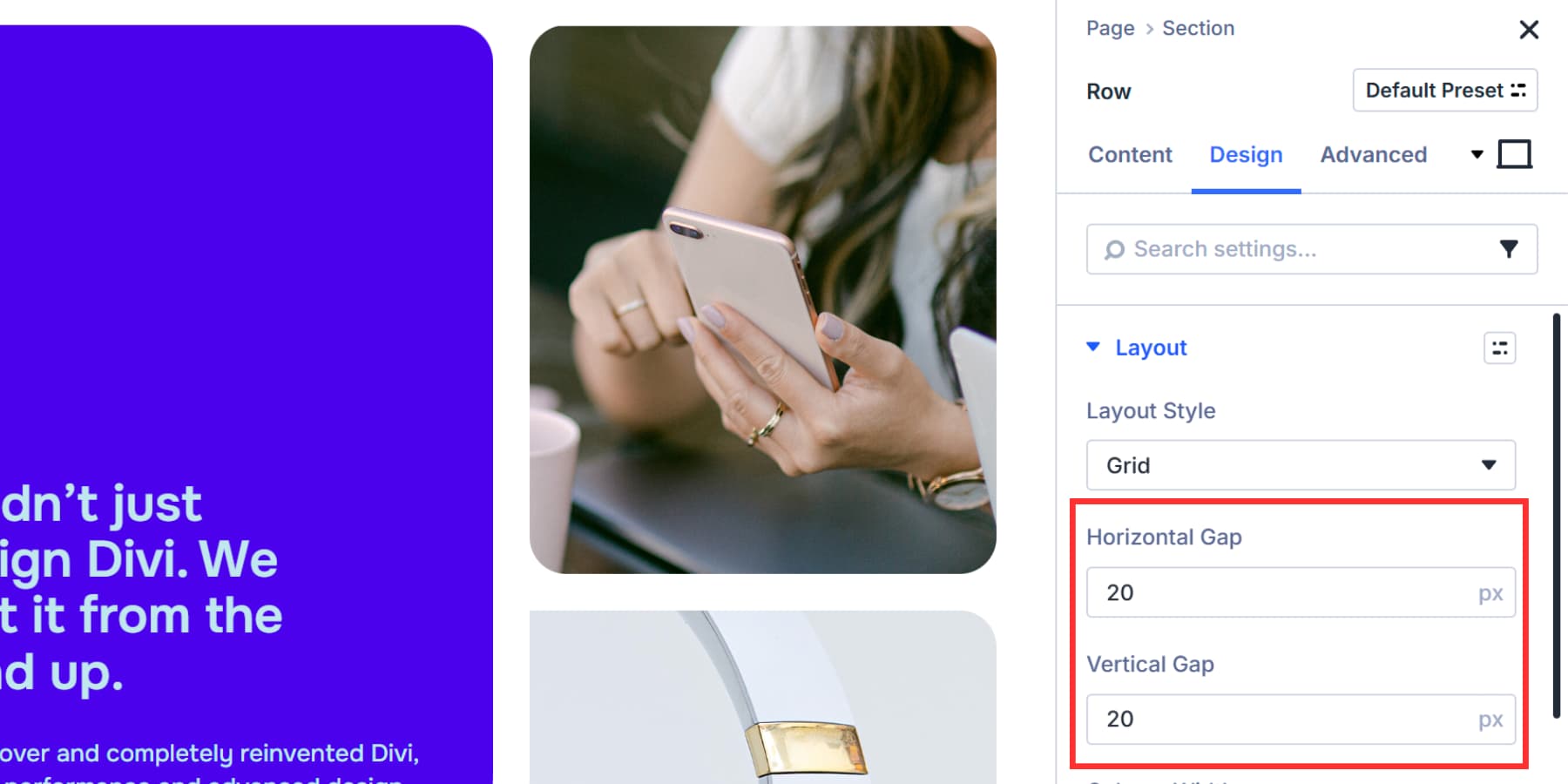 A screenshot of the gap settings for a grid in Divi 5