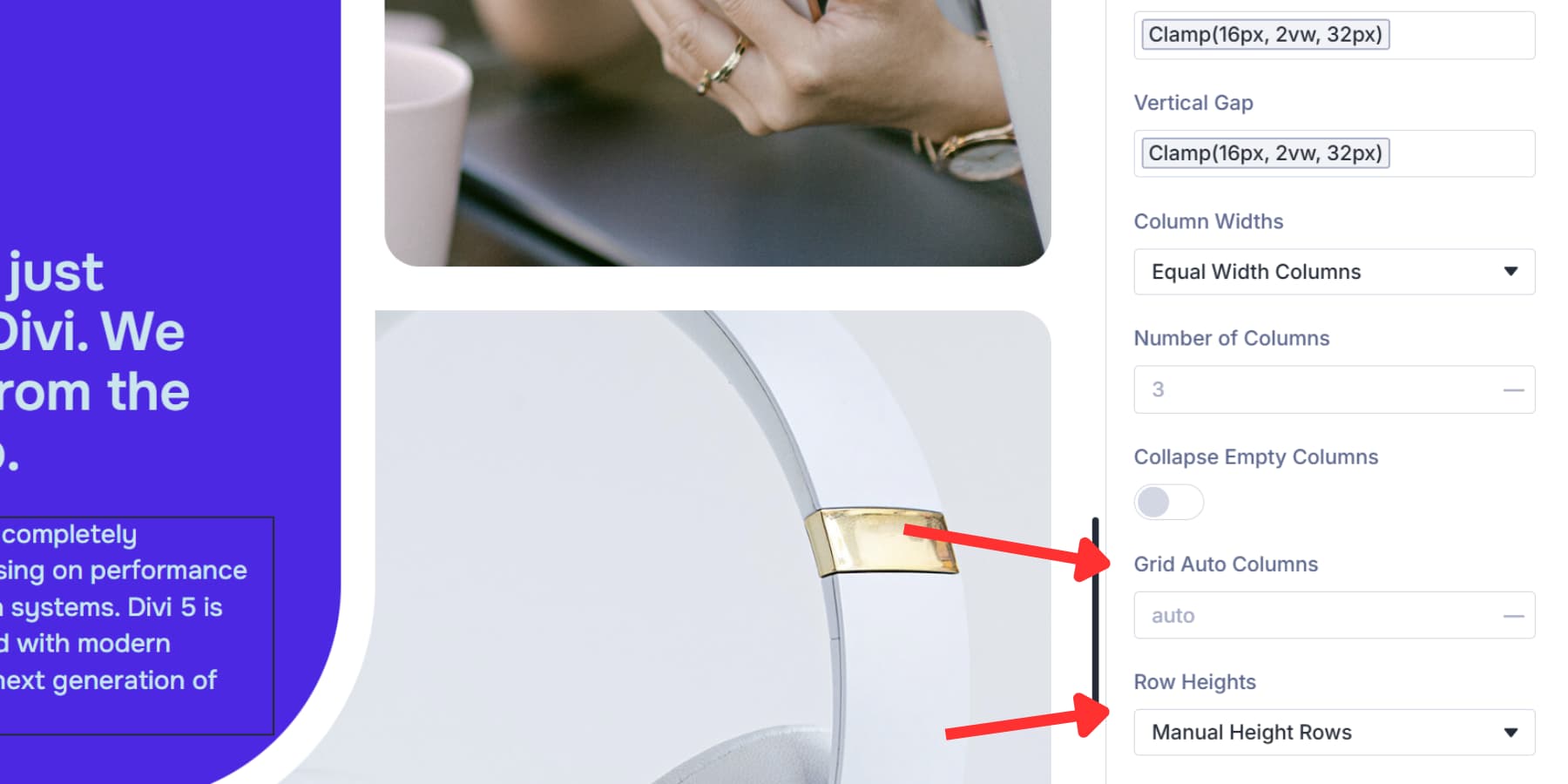 A screenshot of the grid auto columns and row heights option in Divi 5