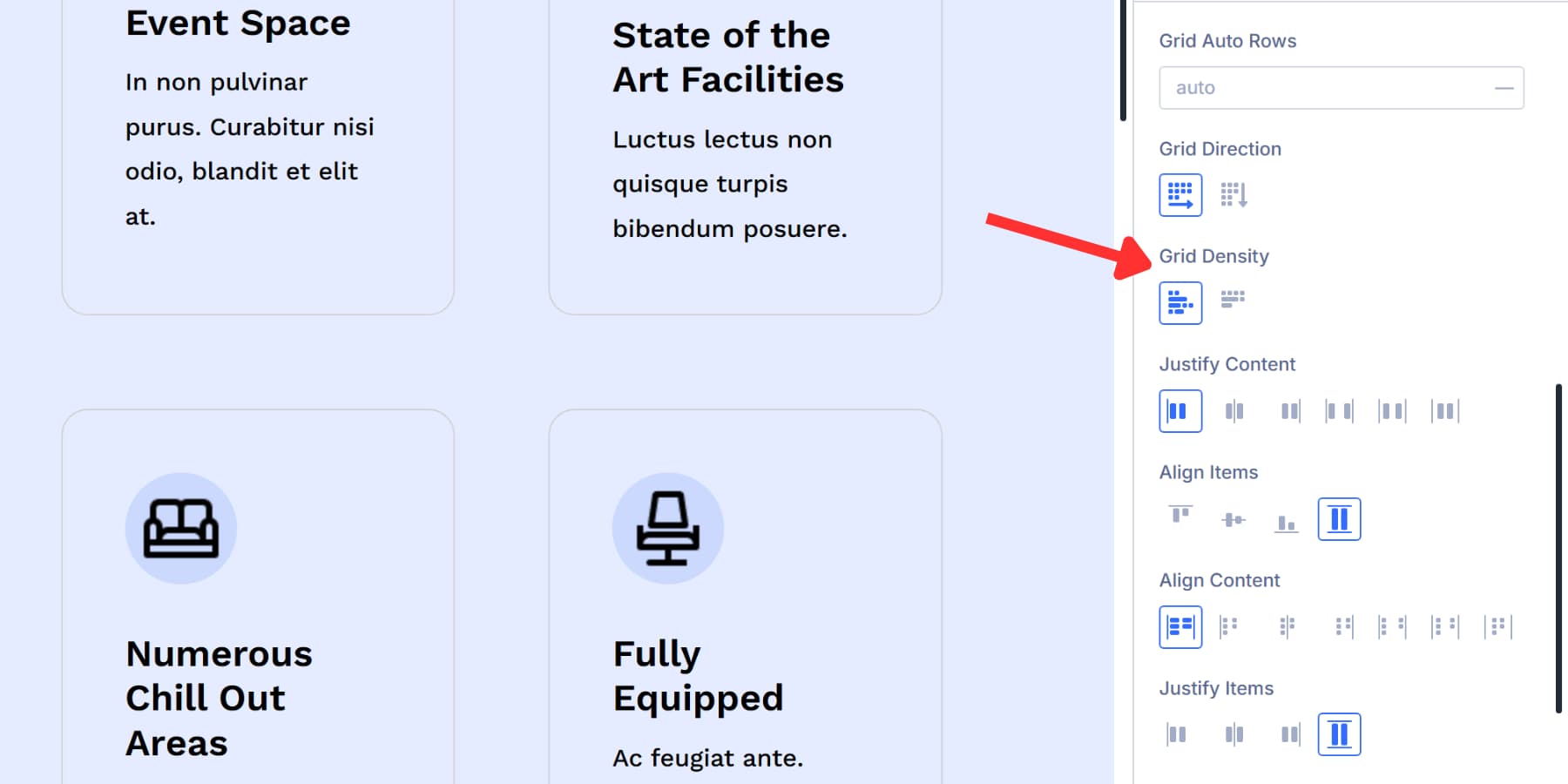 A screenshot of the grid density option in Divi 5's grid options