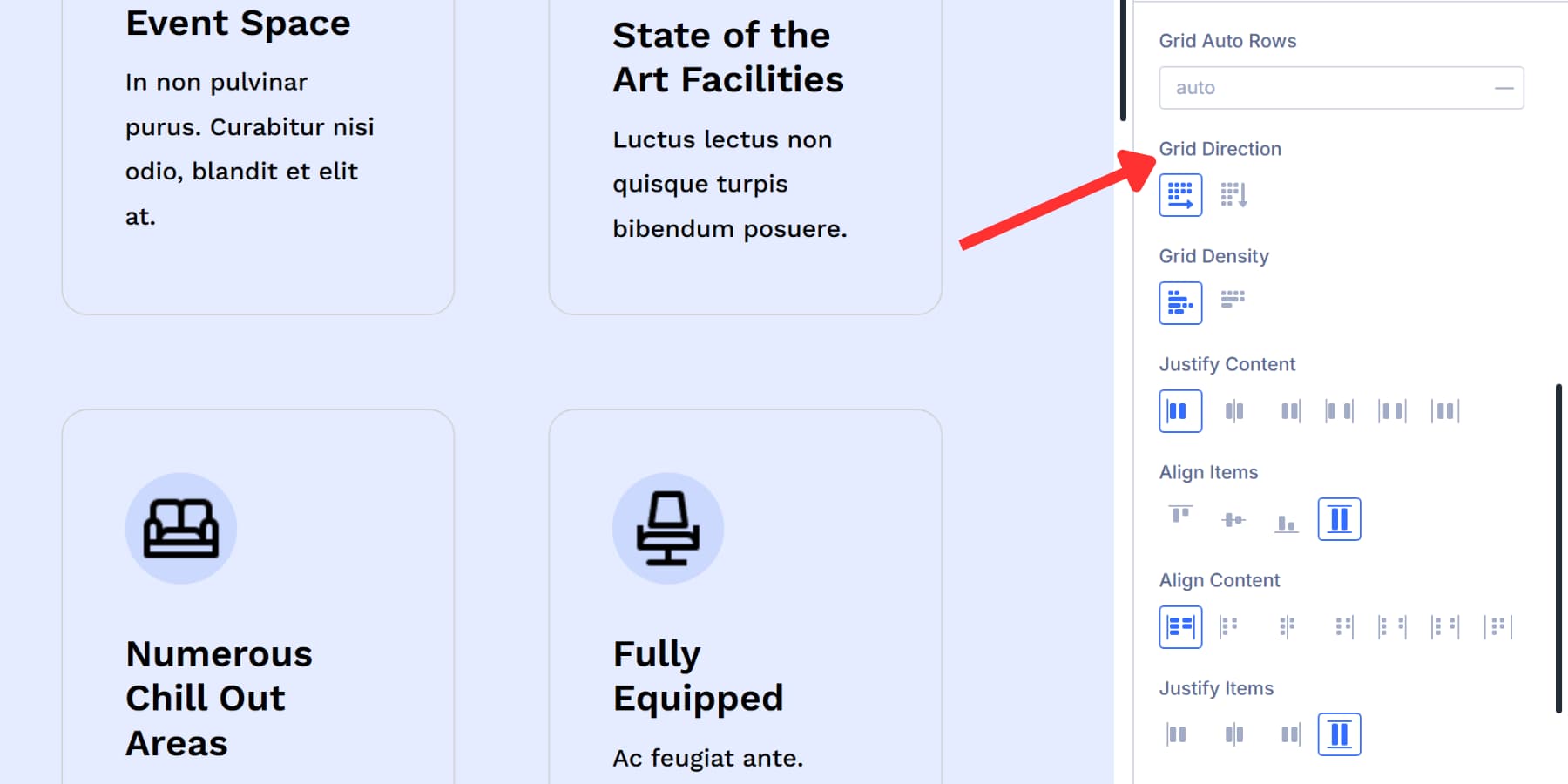 A screenshot of the grid direction option in Divi 5's grid options